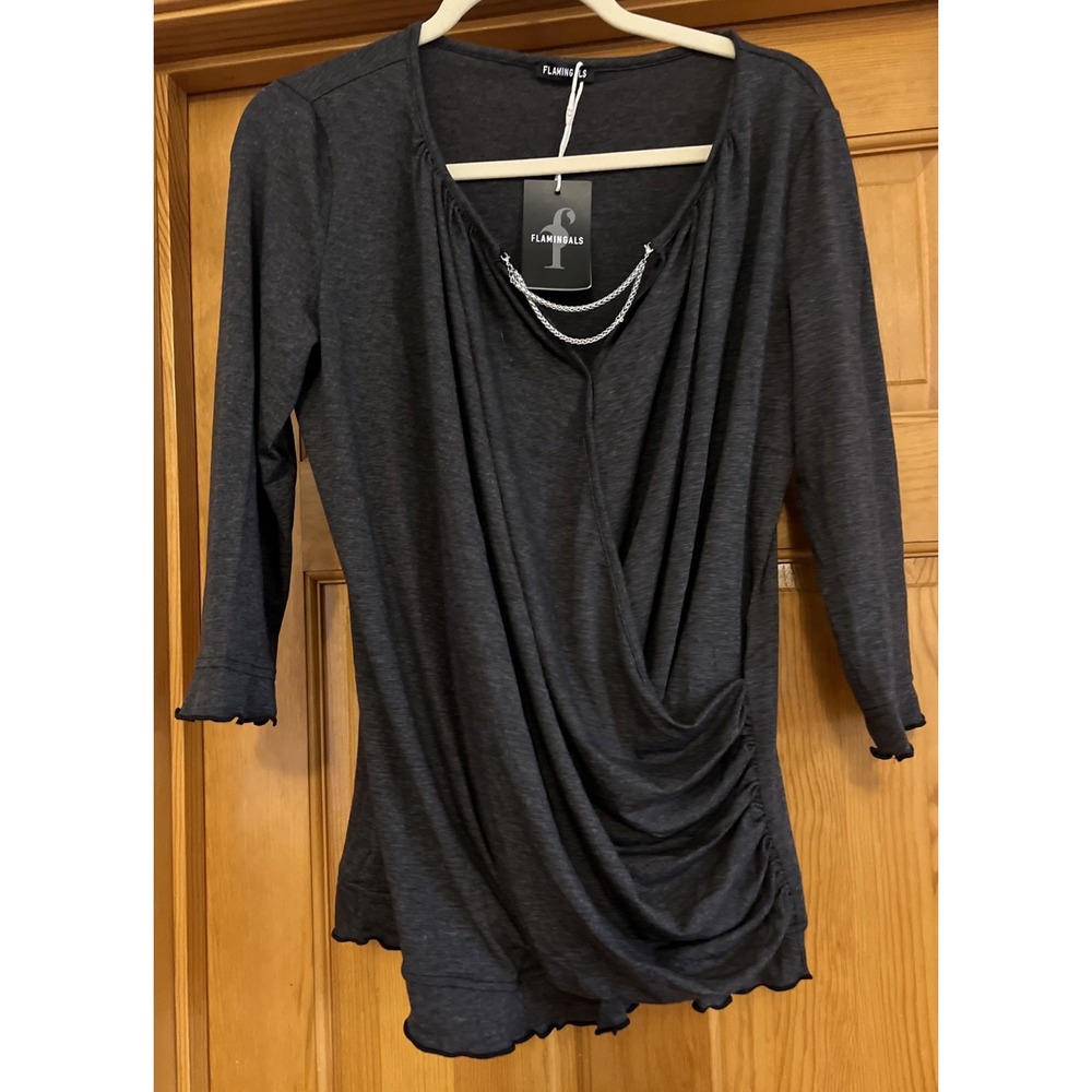 Flamingals Women's Wrap Blouse Dark Gray Sz Large